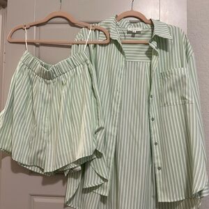 Green and white striped Button down top with matching shorts. NEVER BEEN WORN!